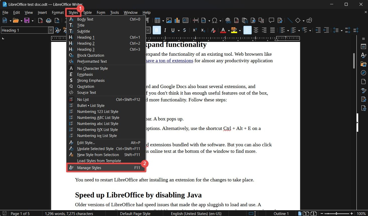 Menu suspenso Estilos do LibreOffice com o botão Gerenciar estilos destacado