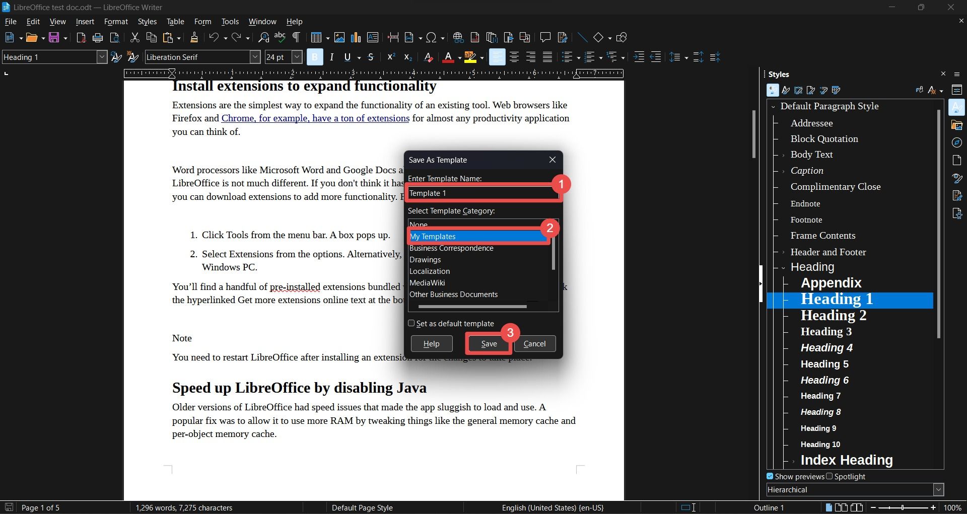 Janela Salvar modelo do LibreOffice com a caixa de nome e o botão Salvar destacados