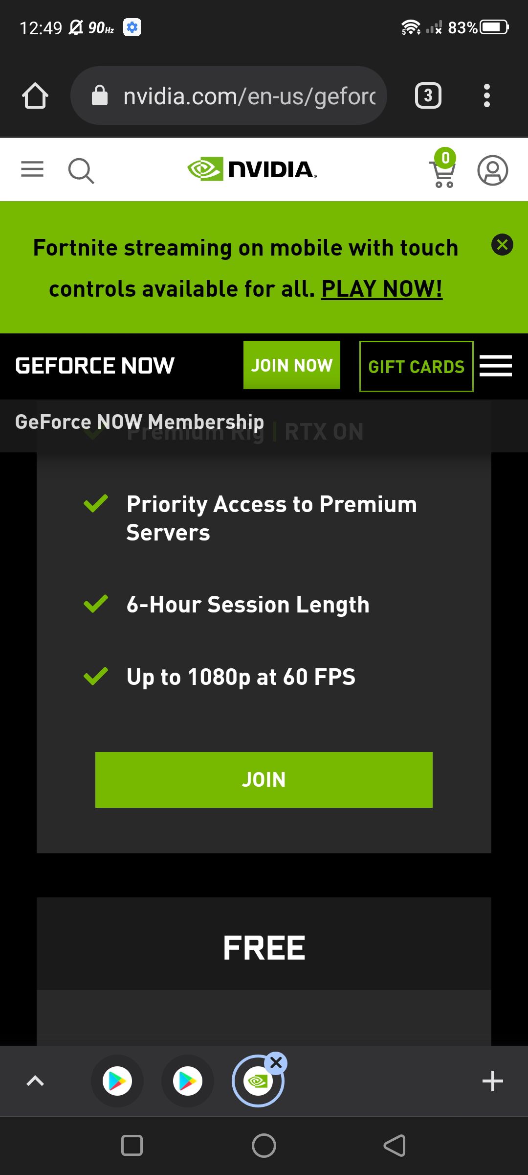 Página de registro de conta GeForce Now com listas de planos de associação