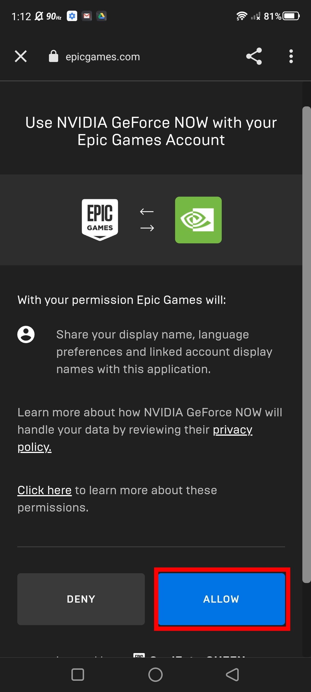 Adicionando permissões de conexão para GeForce Now e sua conta Epic Games