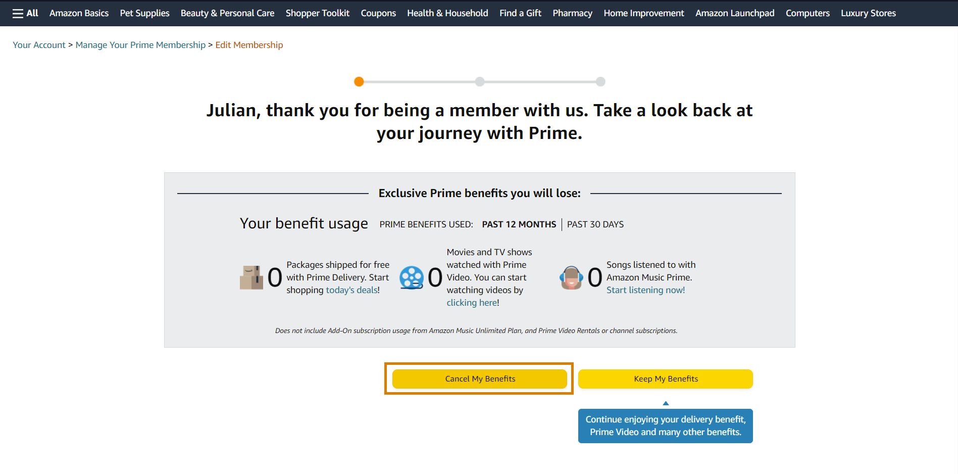 página de confirmação de cancelamento do Amazon Prime com o botão cancelar meus benefícios em destaque