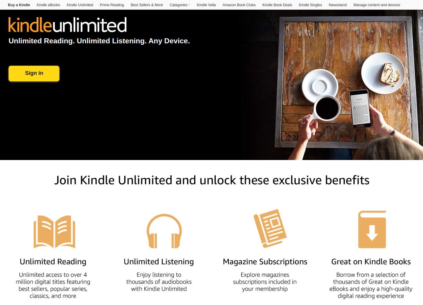 Página inicial do Kindle Unlimited