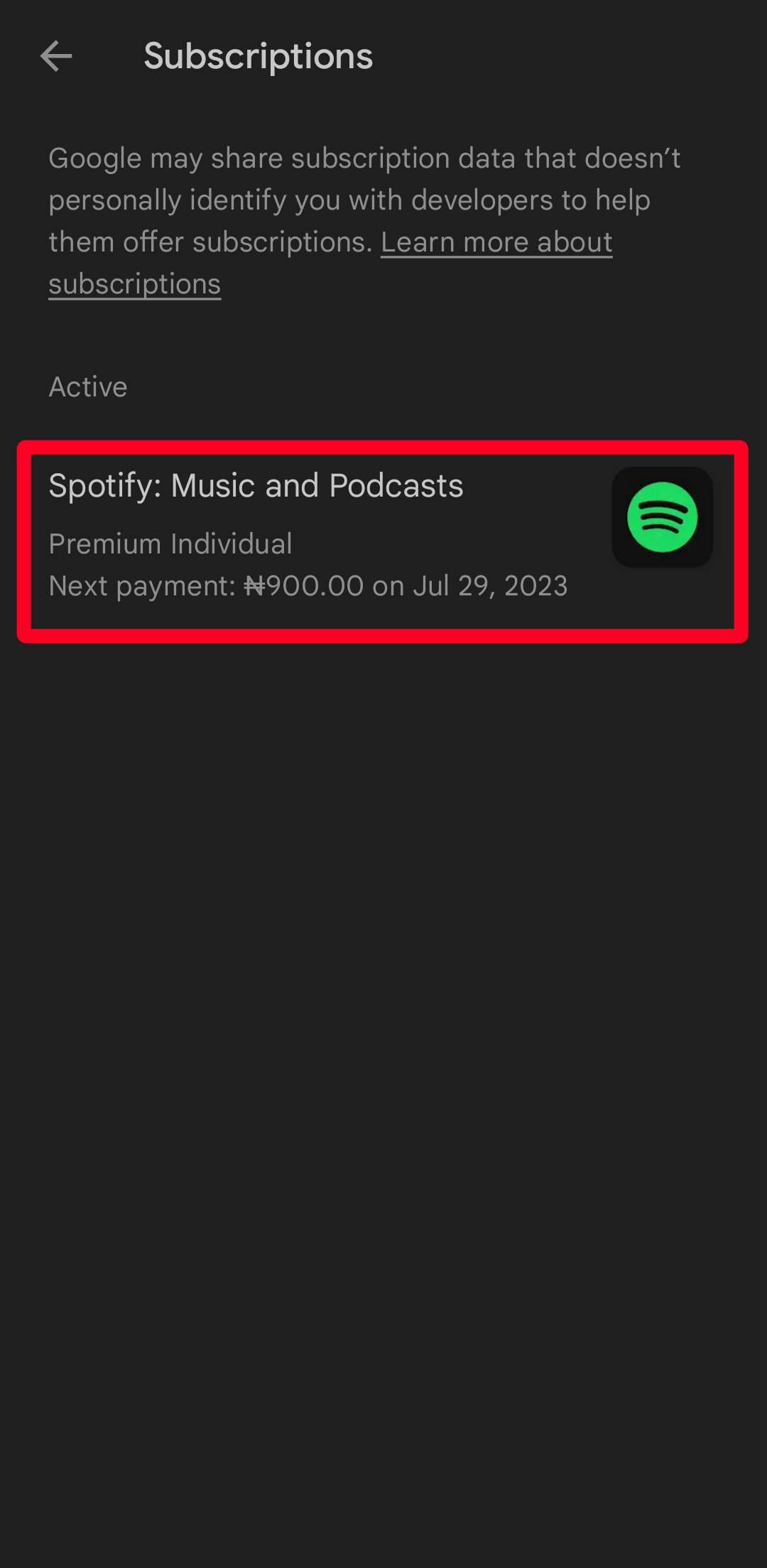 Plano Spotify Premium Individual ativo na Google Play Store