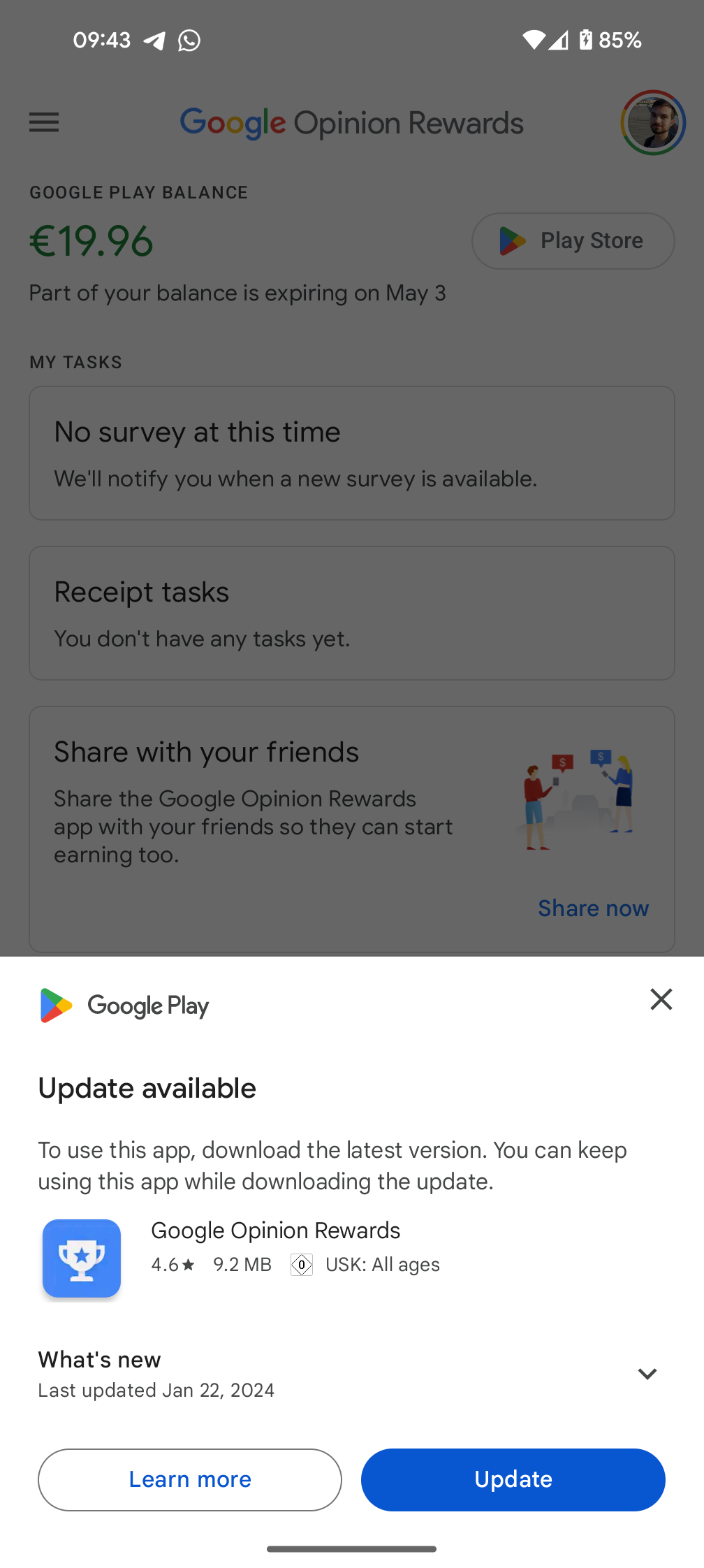 Uma captura de tela do aplicativo Google Opinion Rewards mostrando a nova mensagem pop-up para atualizar o aplicativo