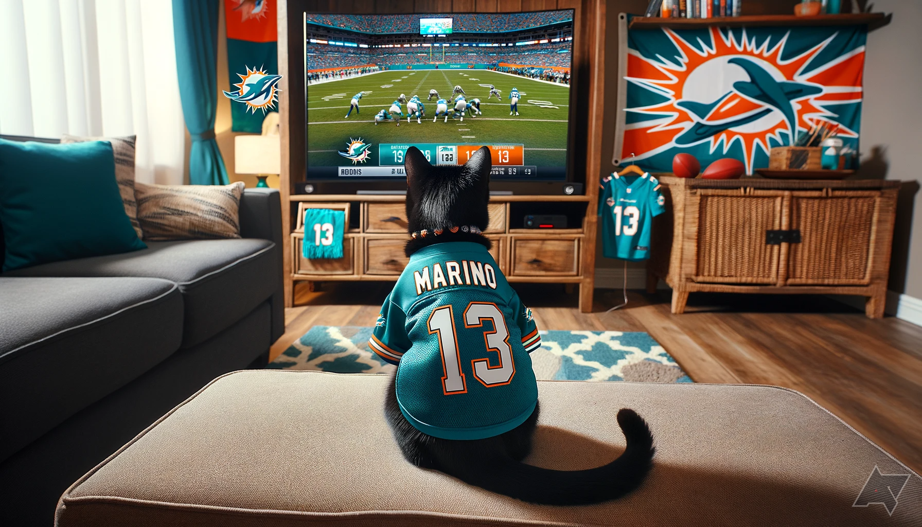 Renderização ChatGPT de um gato preto observando os Miami Dolphins