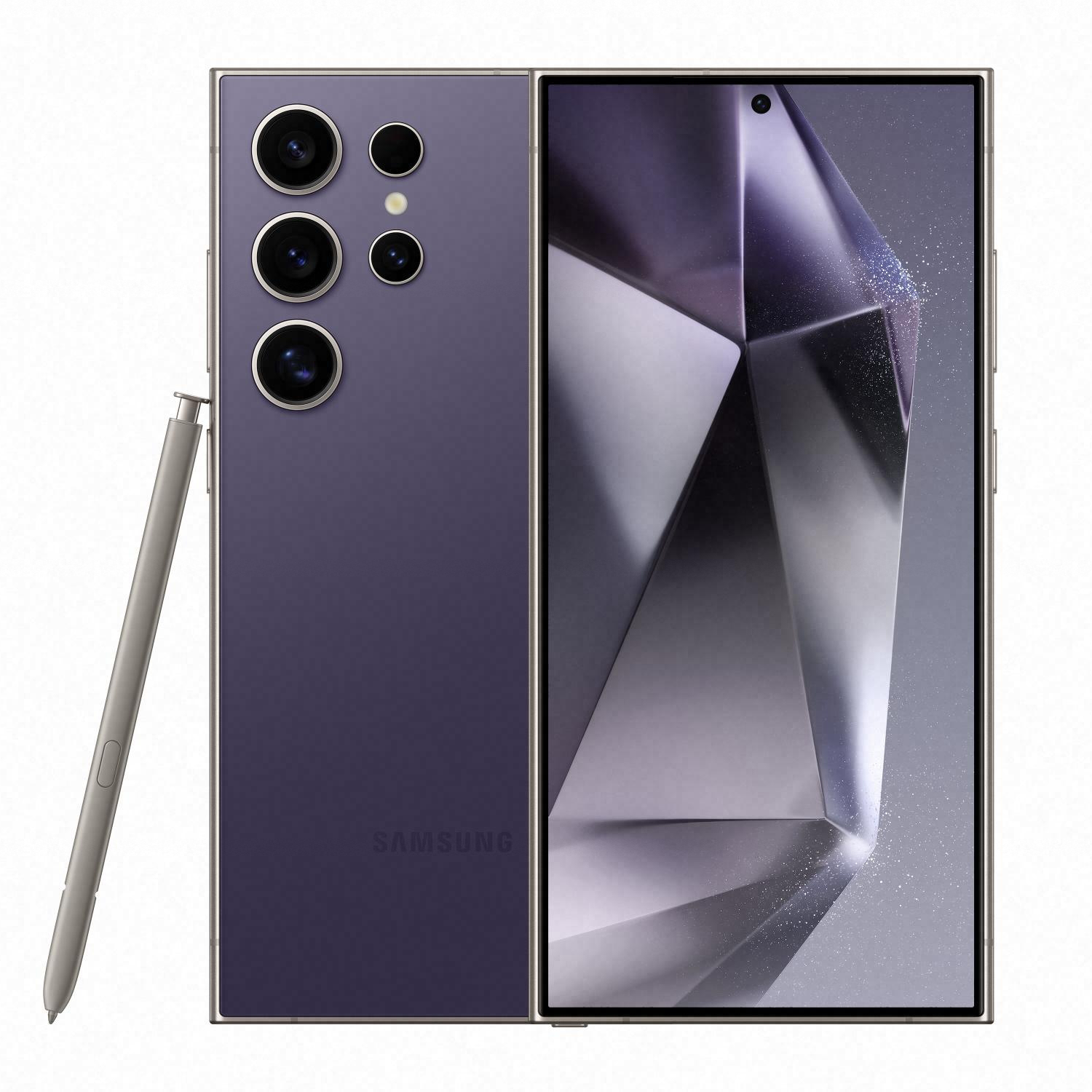 A S Pen, frente e traseira do Galaxy S24 Ultra em Titanium Violet em um fundo branco