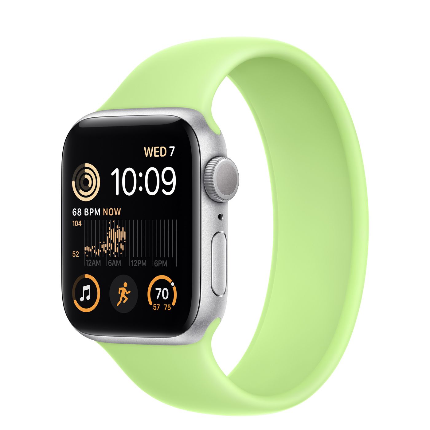 Apple Watch SE com faixa esportiva verde em fundo branco