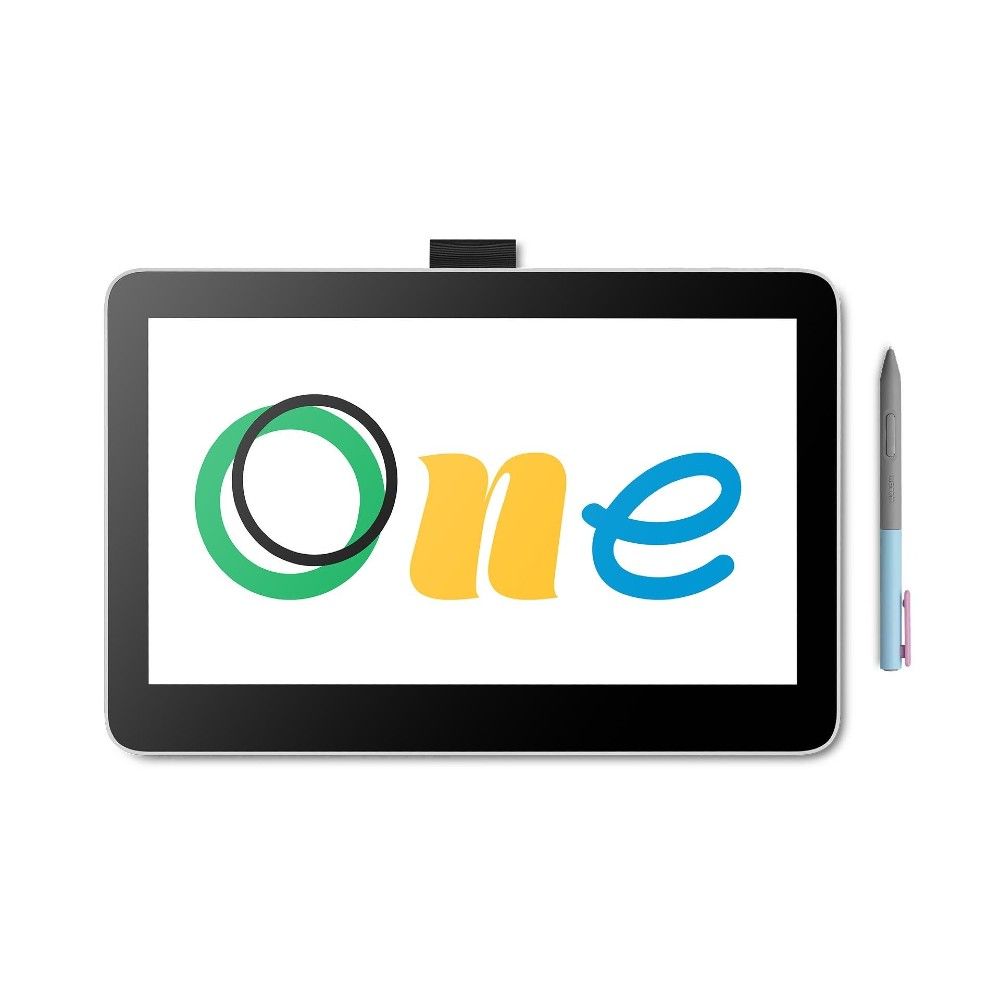 Uma mesa digitalizadora Wacom One 13 Touch e uma caneta Wacom em um fundo branco