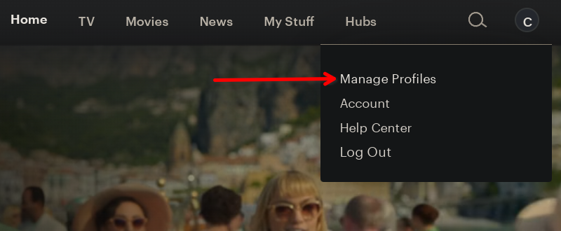 Captura de tela da opção Gerenciar perfis no menu do site do Hulu