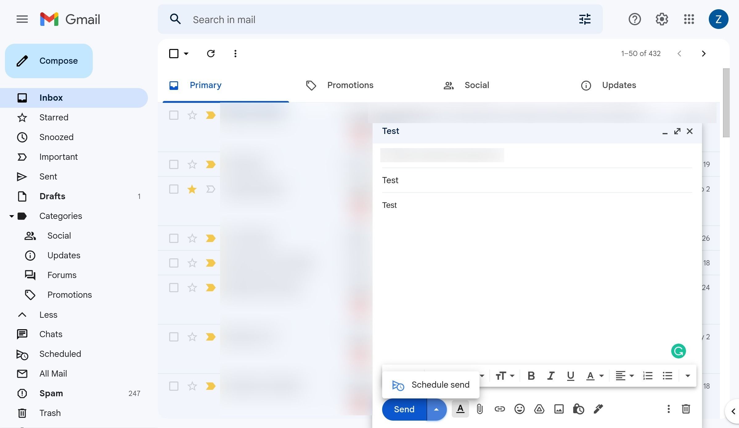 Compondo um e-mail no Gmail na Web com o botão Agendar envio na tela