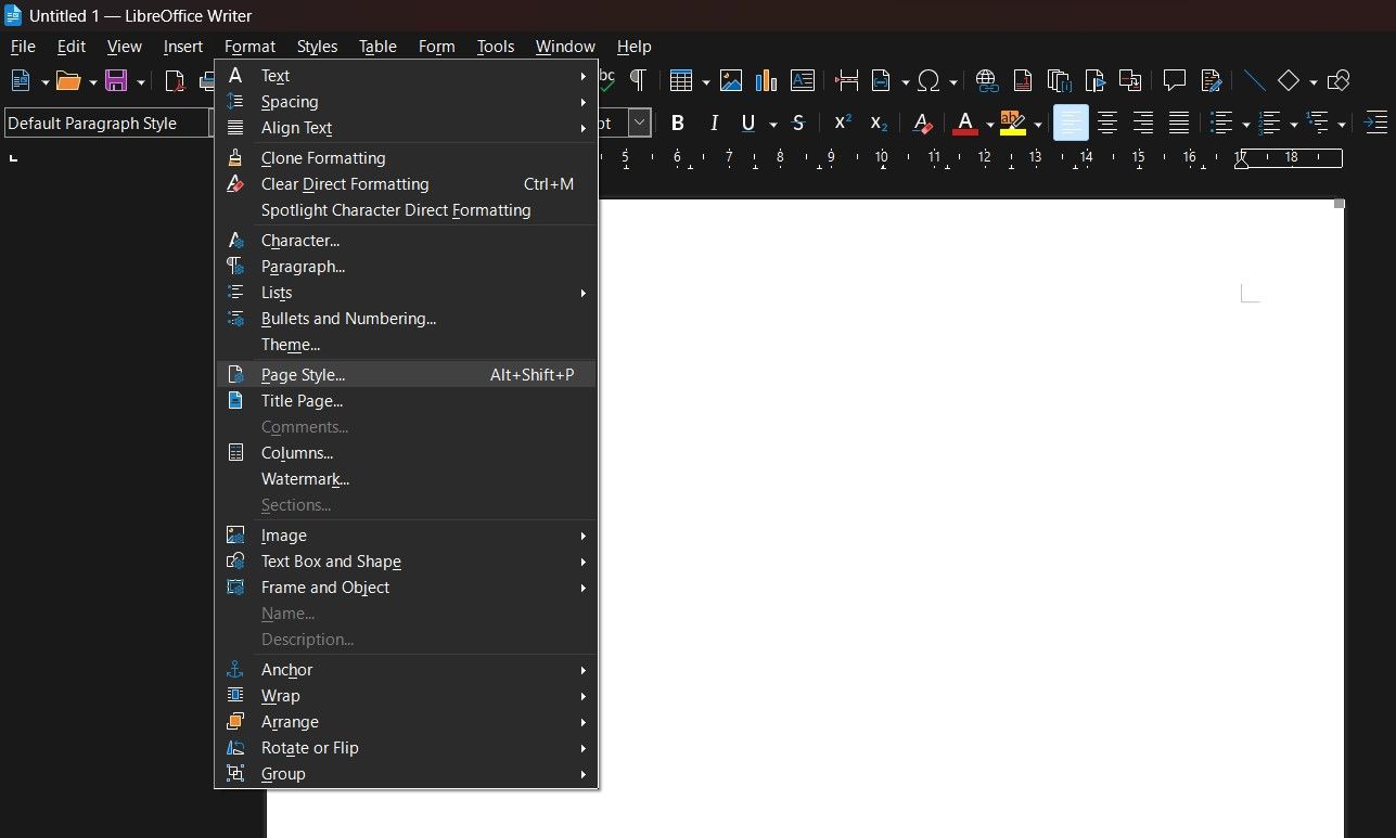 Captura de tela mostrando o menu de formatação do LibreOffice