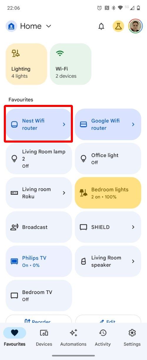 Captura de tela mostrando a tela inicial do app Google Home