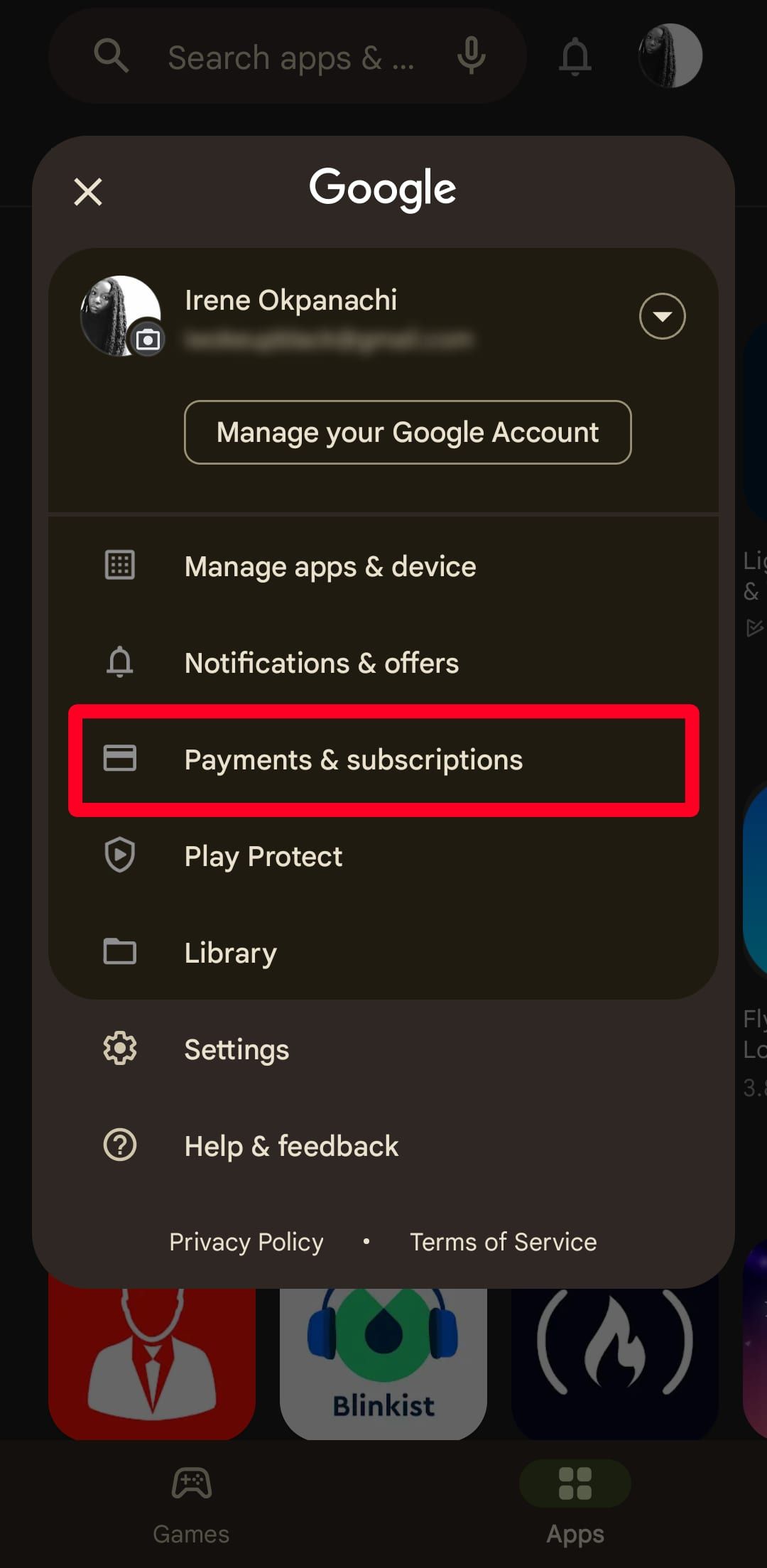 Selecionando a opção Pagamentos e assinaturas no menu da Google Play Store