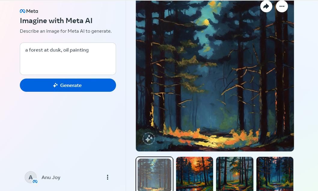 Captura de tela de uma imagem de uma floresta ao entardecer, gerada pelo Imagine com Meta AI
