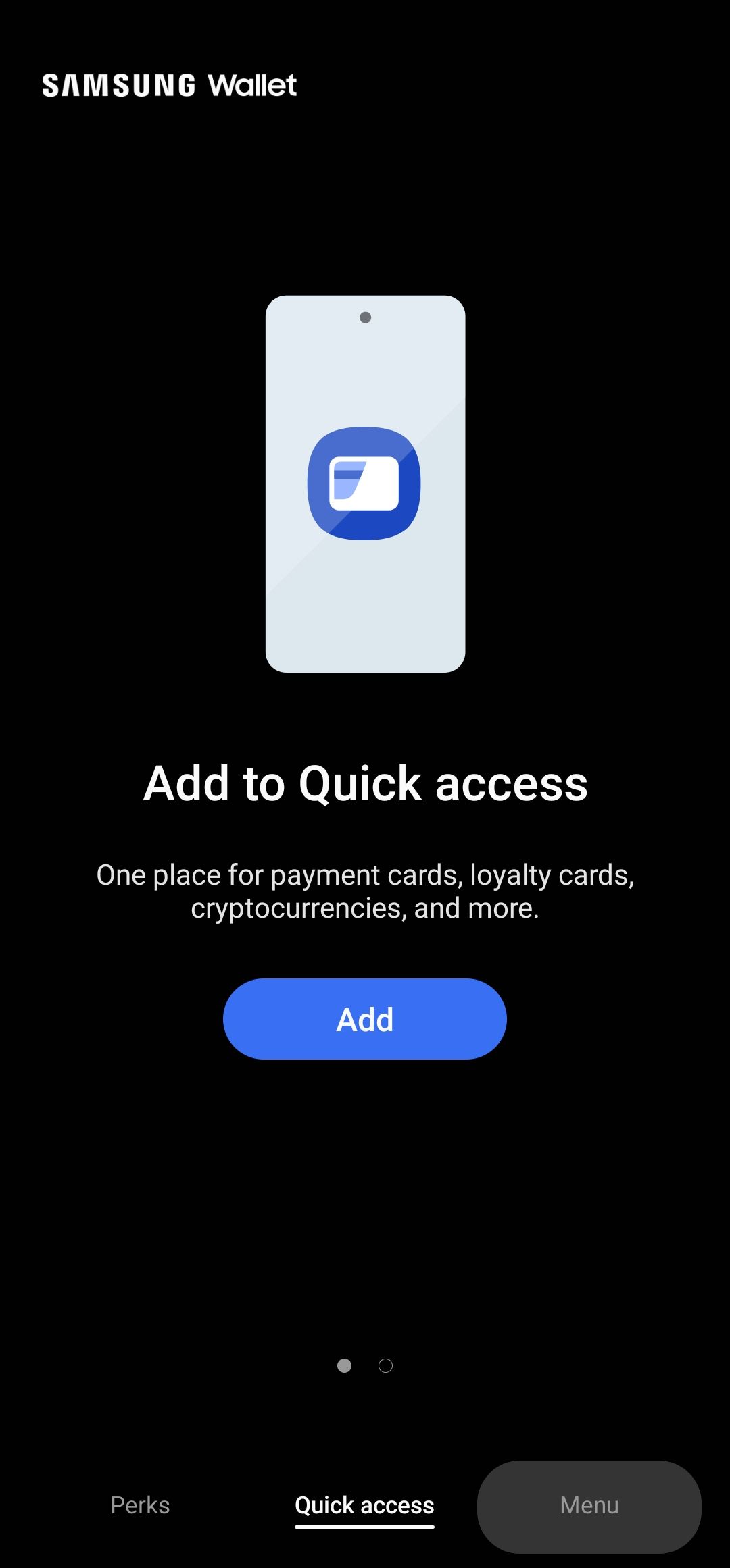 A captura de tela mostra a tela inicial do aplicativo Samsung Wallet.