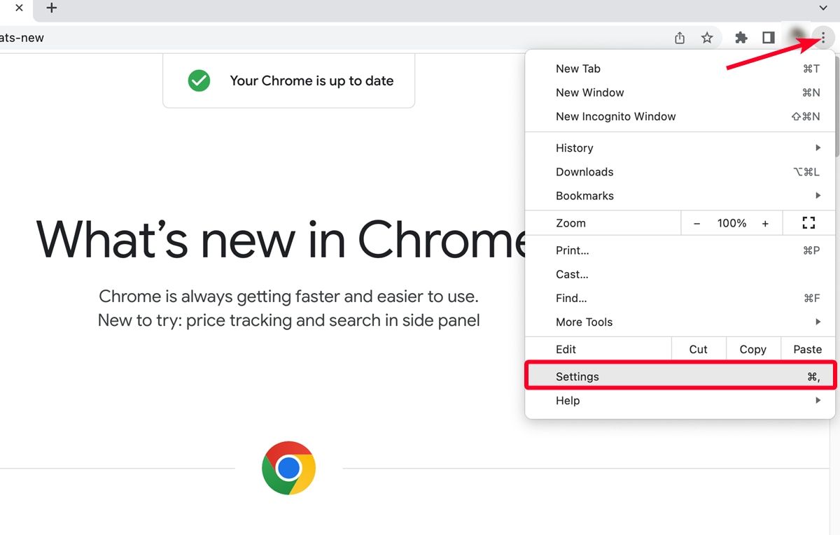 Menu do navegador Chrome no Mac com opção Configurações destacada
