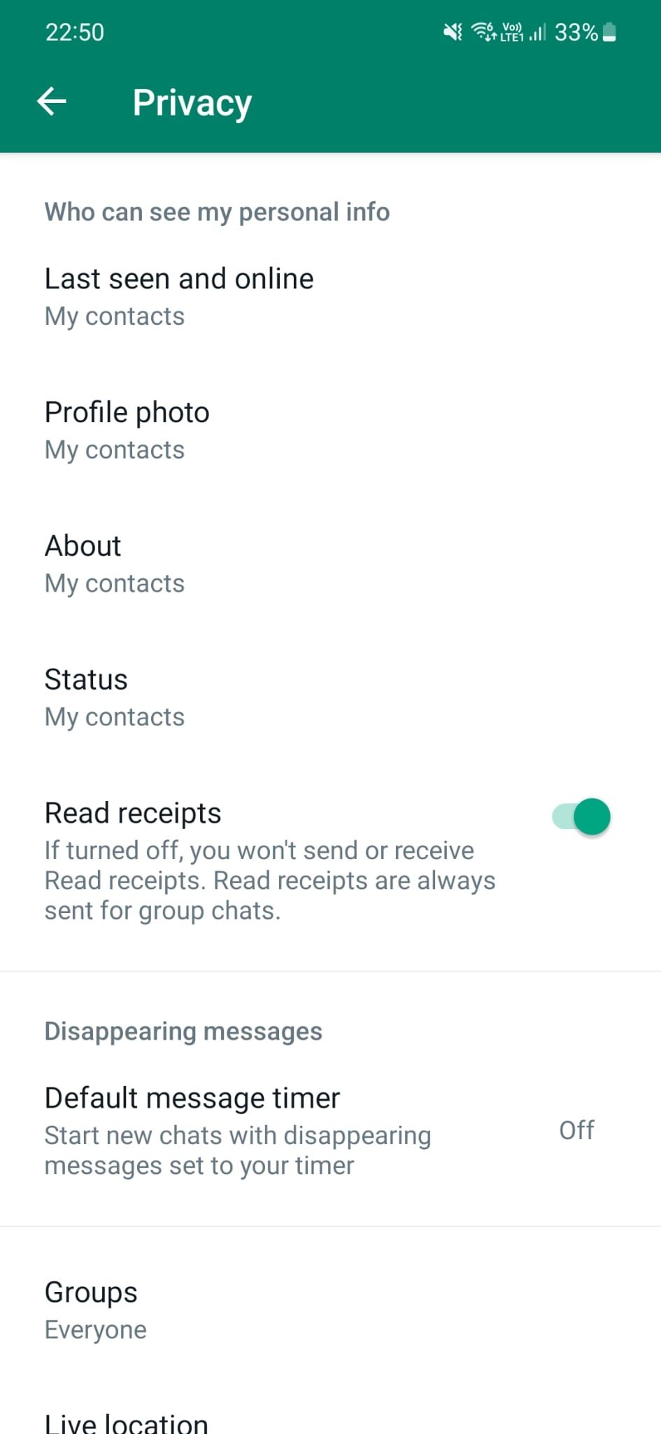 Captura de tela das configurações de privacidade do WhatsApp