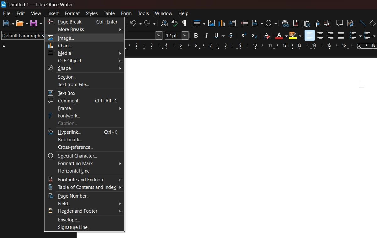 Captura de tela mostrando o menu para inserir imagem no LibreOffice