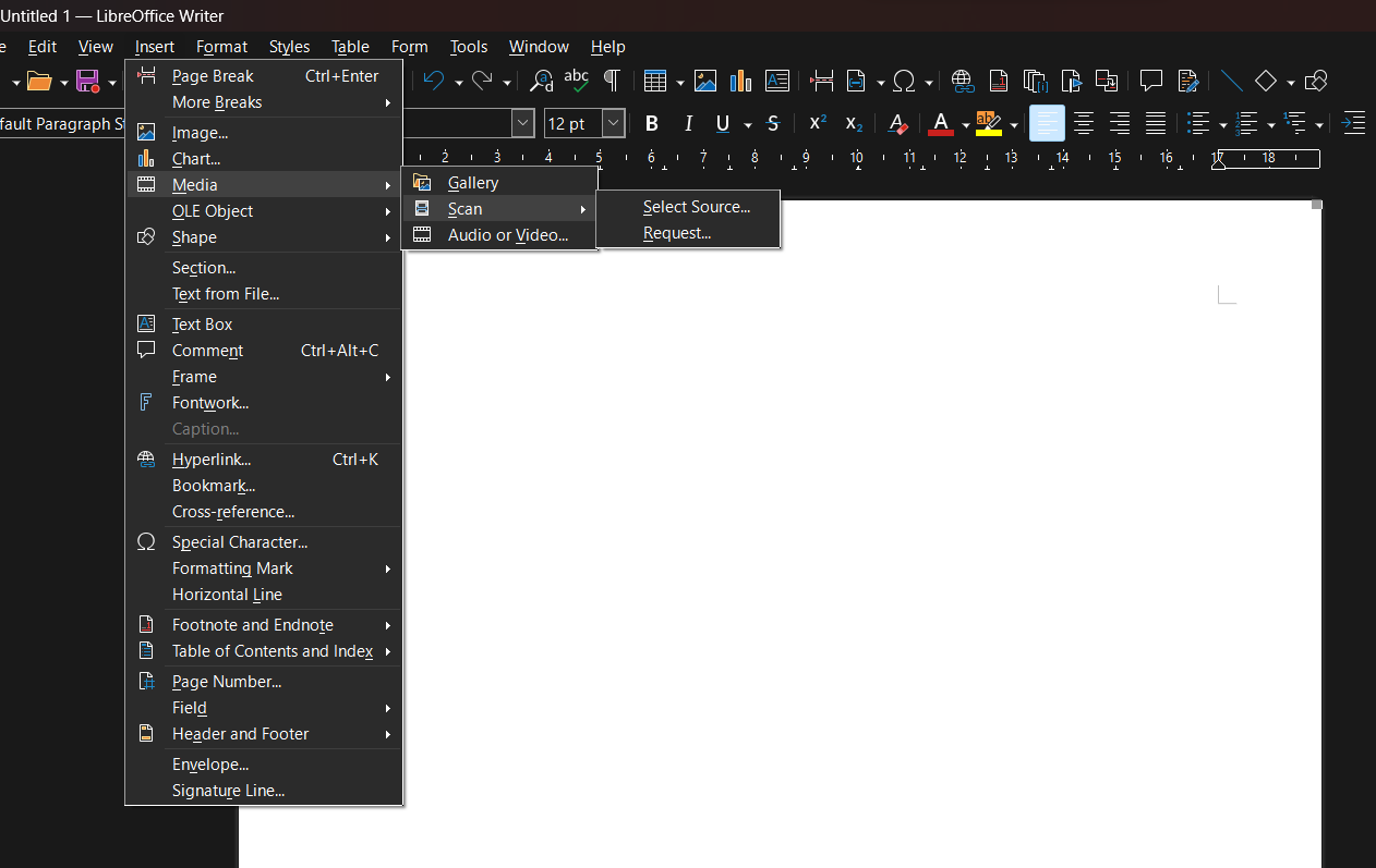 Captura de tela mostrando o menu Inserir do gravador do LibreOffice com o submenu de mídia aberto.