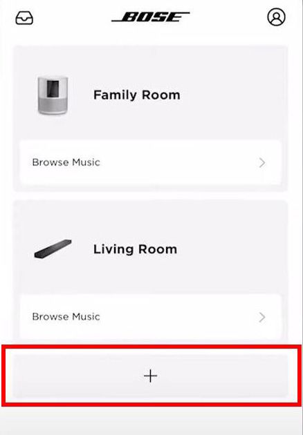 Captura de tela do aplicativo Bose Music, apresentando o ícone ‘mais’ destacado para indicar a opção de adicionar um novo dispositivo.