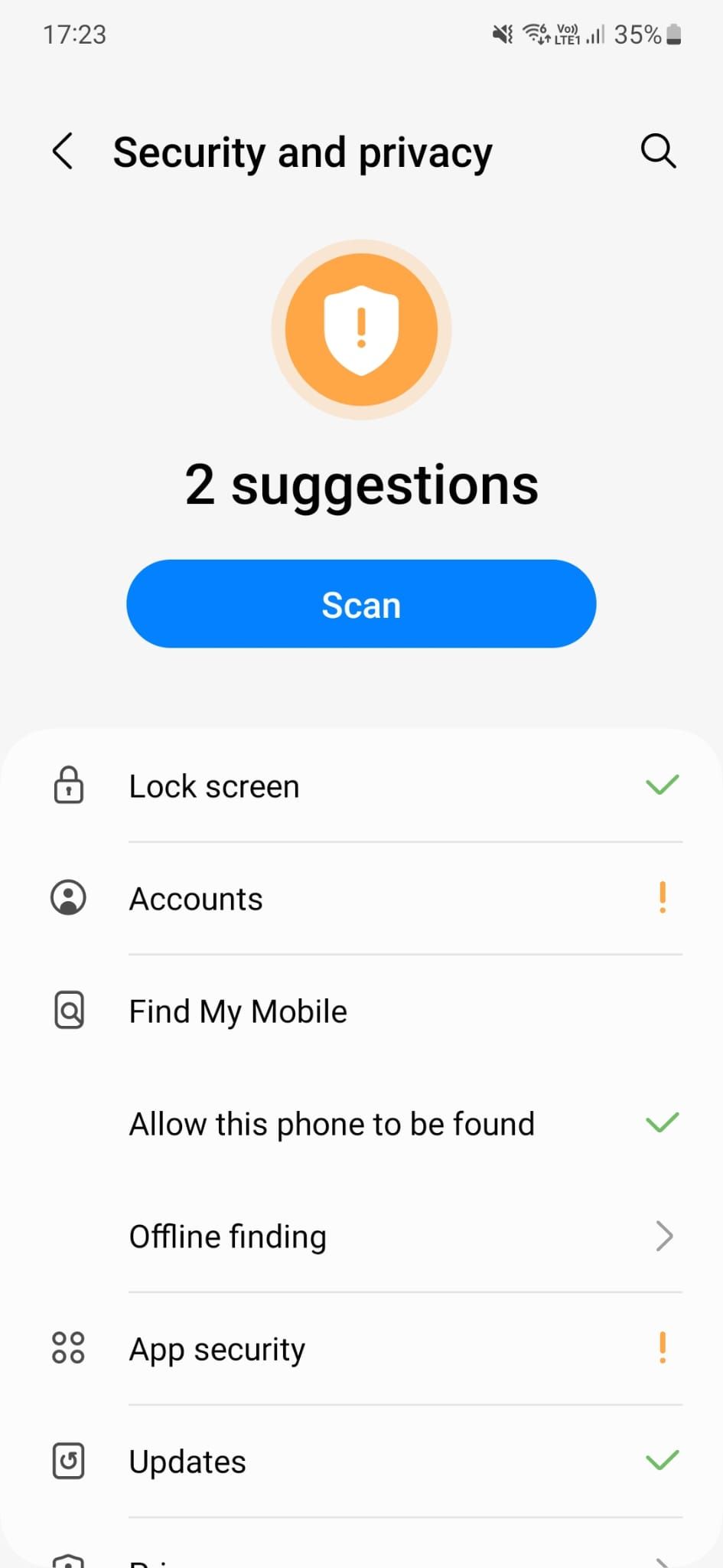 Uma captura de tela das configurações de segurança e privacidade da Samsung.