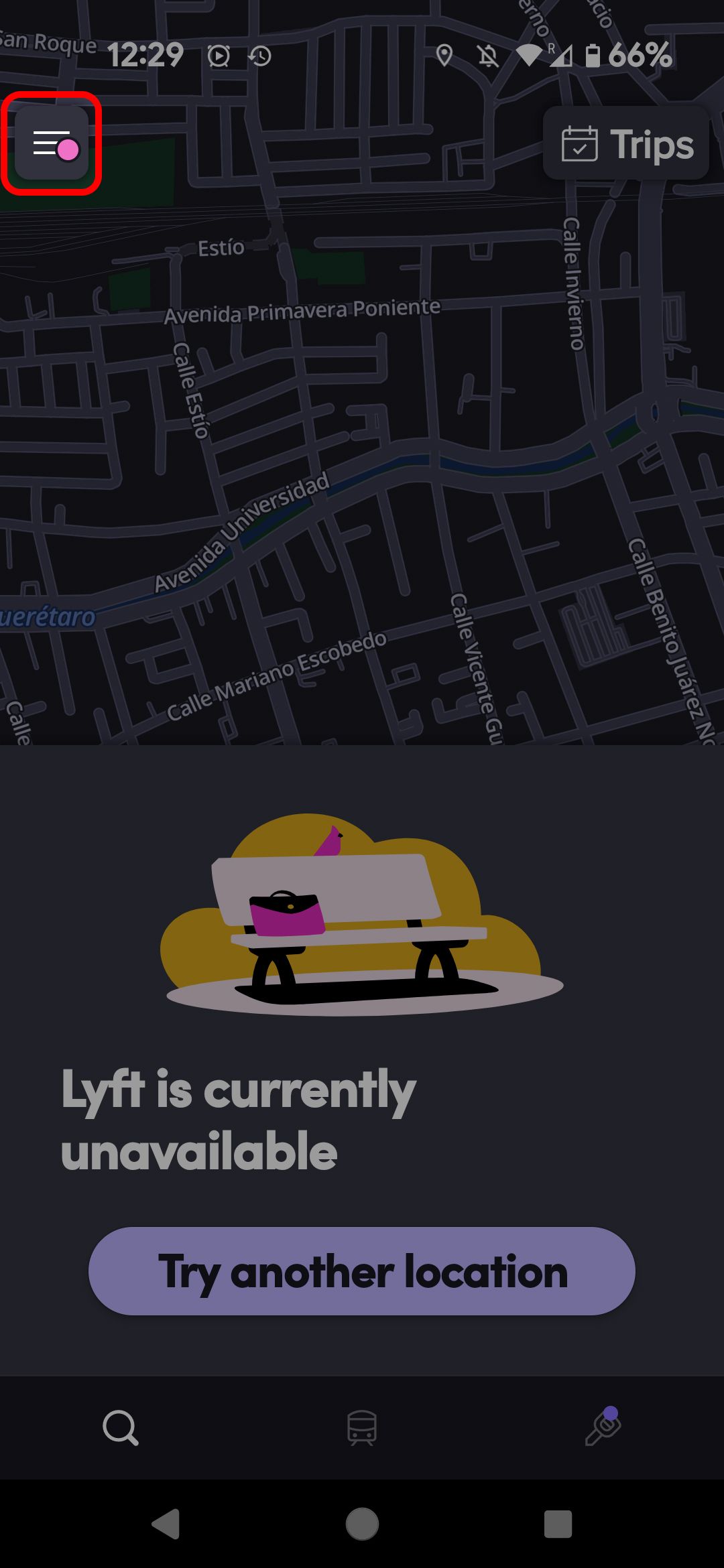 Tela inicial do Lyft Rider destacando o ícone do menu