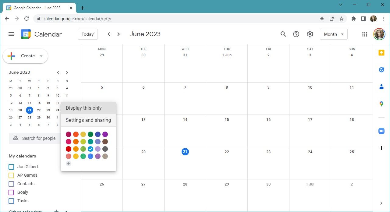 captura de tela do Google Agenda com uma janela pop-up em um navegador de desktop
