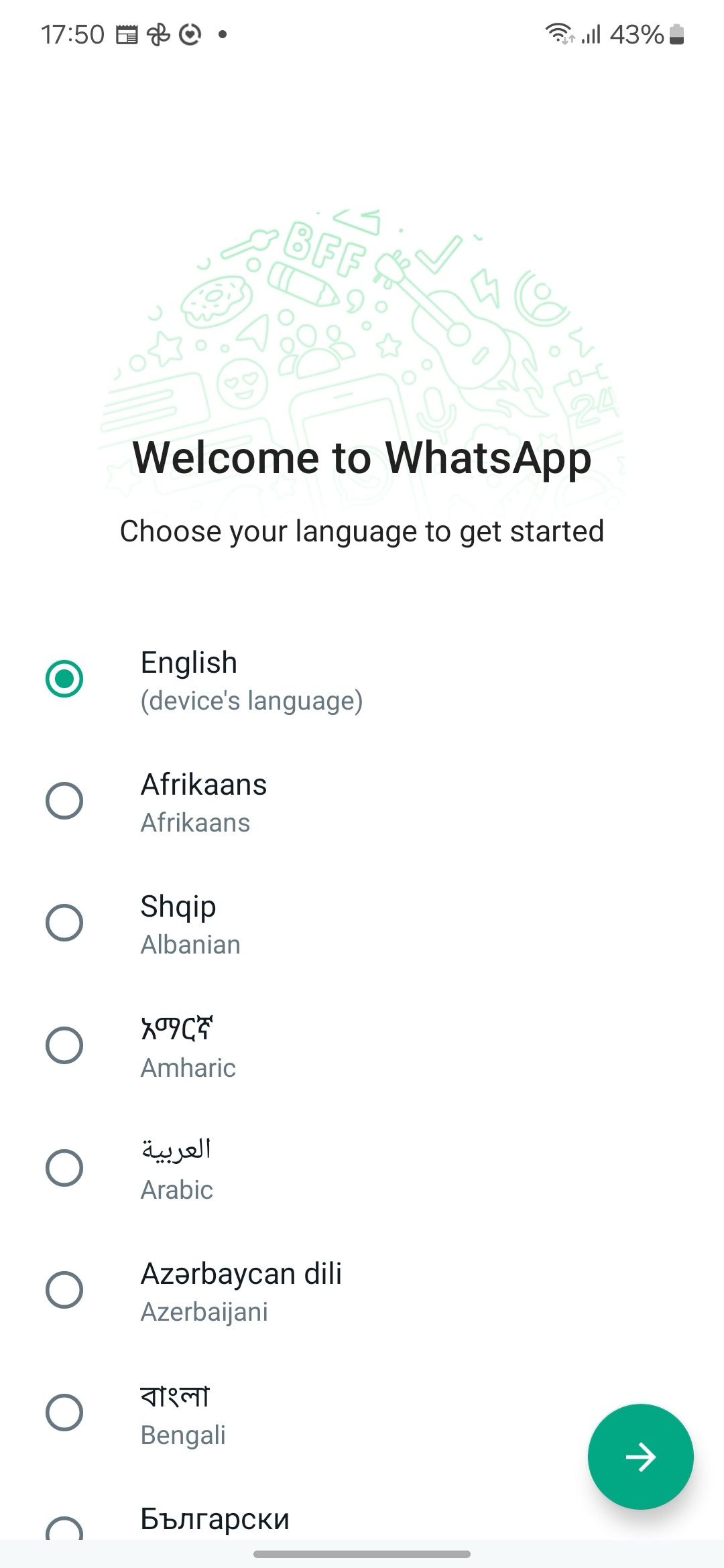 selecione o idioma no WhatsApp