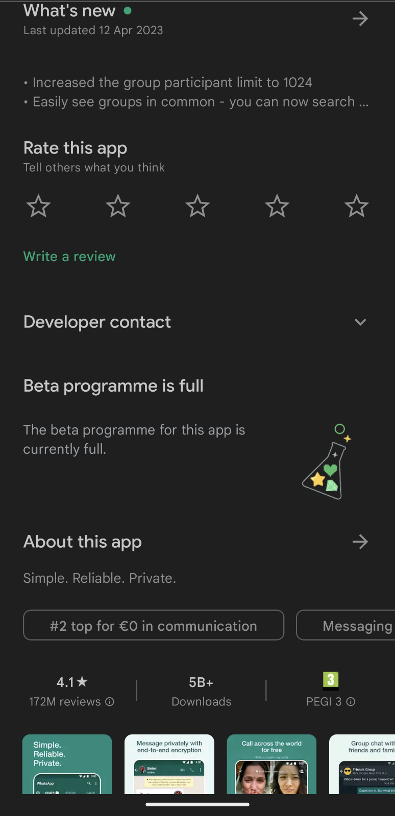 a página do WhatsApp na Google Play Store rolou para baixo até a seção do programa beta.  A seção exibe uma mensagem indicando que o programa beta está completo.