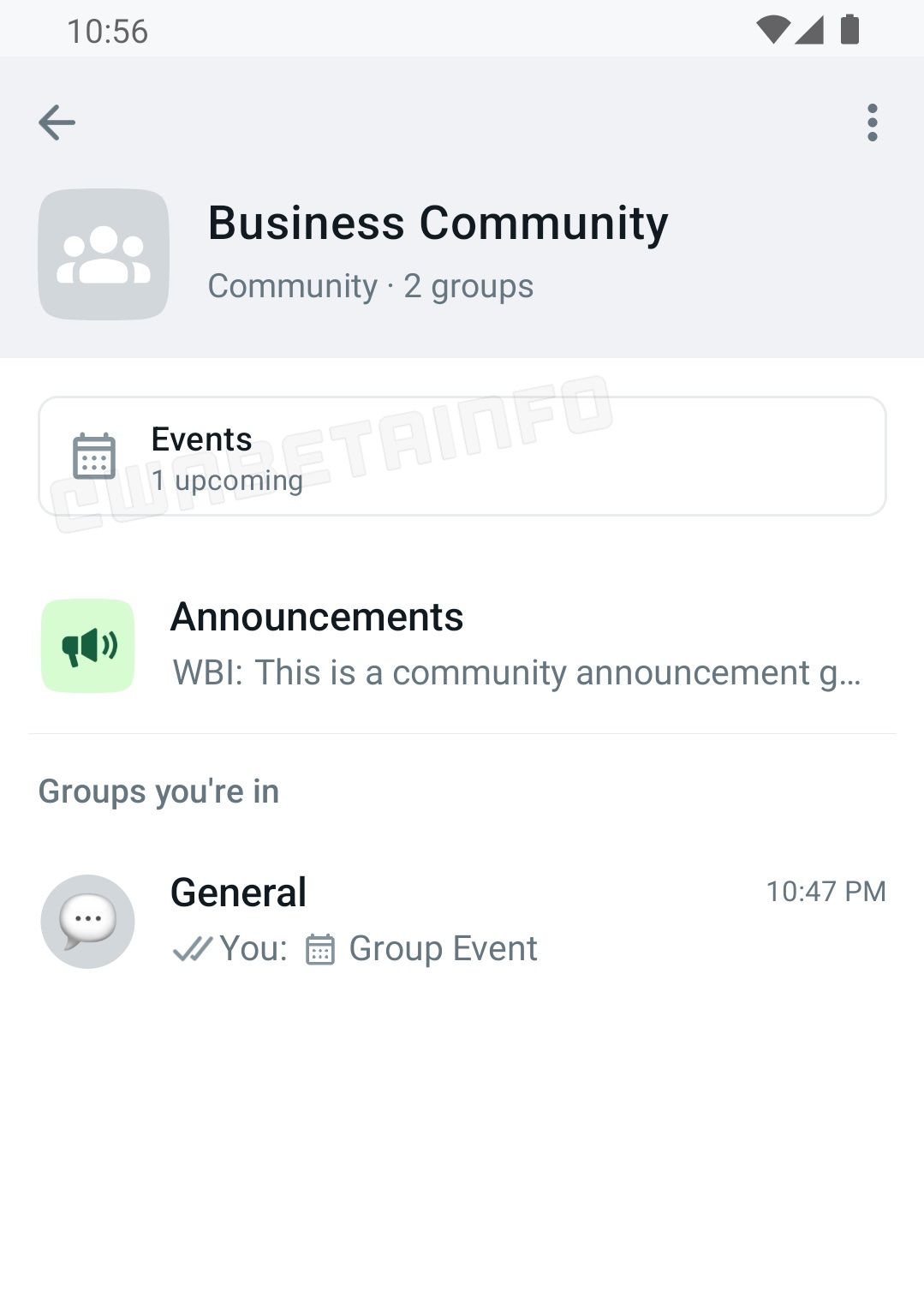 Uma captura de tela dos eventos fixados do grupo da comunidade no WhatsApp beta para Android