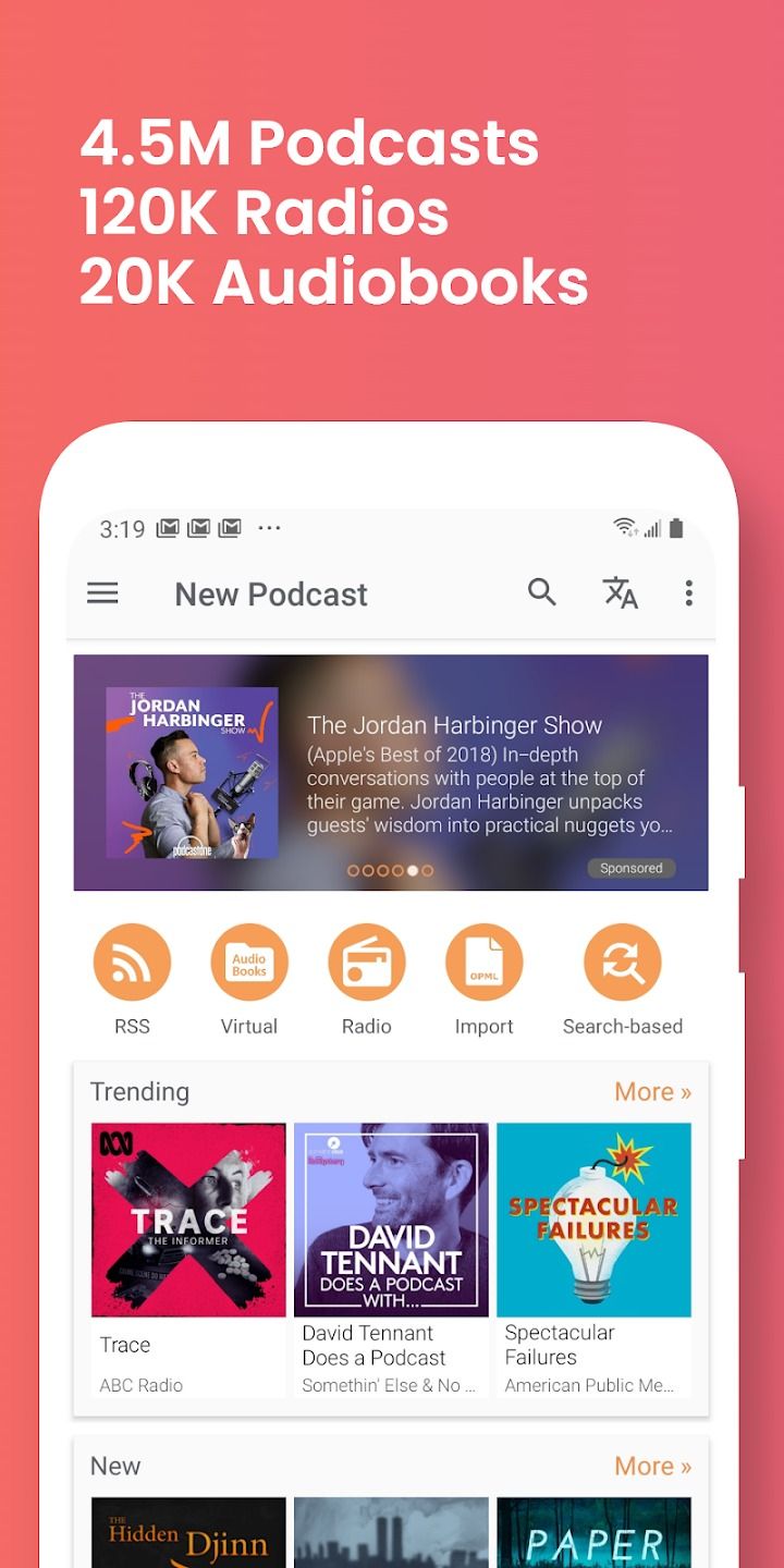 aplicativo viciado em podcast na frente de um fundo vermelho e laranja