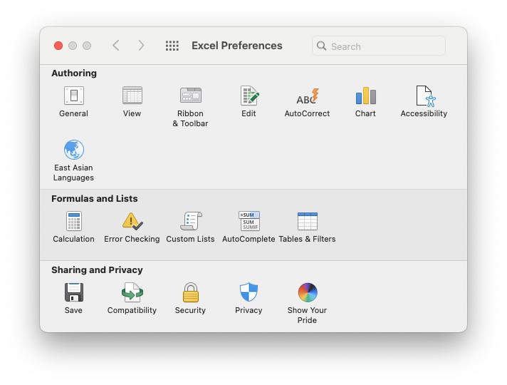Captura de tela do aplicativo Microsoft Excel mostrando o painel de preferências no Mac