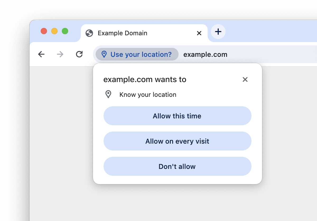 Uma captura de tela da solicitação única de permissões no Chrome para desktop