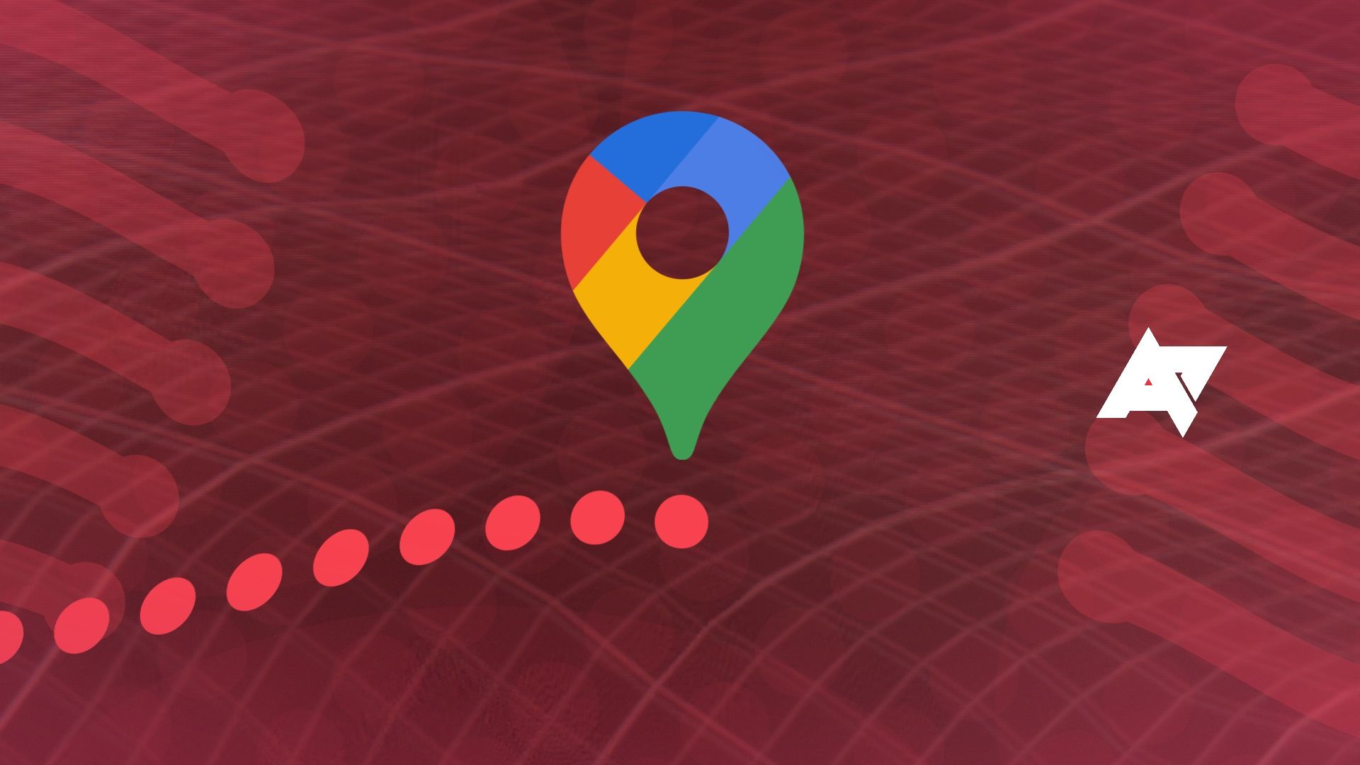 Uma linha pontilhada que leva a um logotipo do Google Maps contra um fundo vermelho