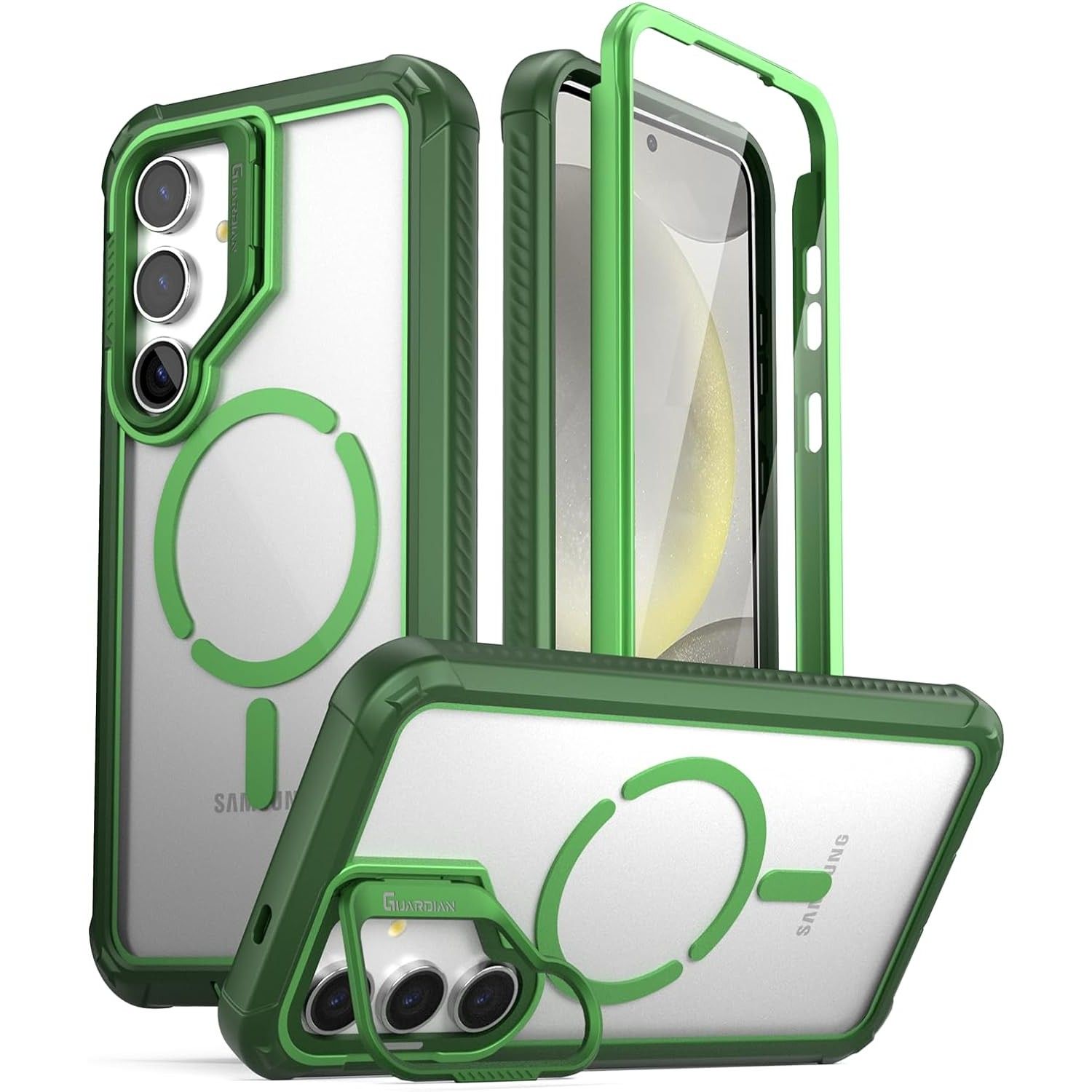 A caixa Poetic Guardian Series em dois tons verde em um Galaxy S24 branco de três ângulos