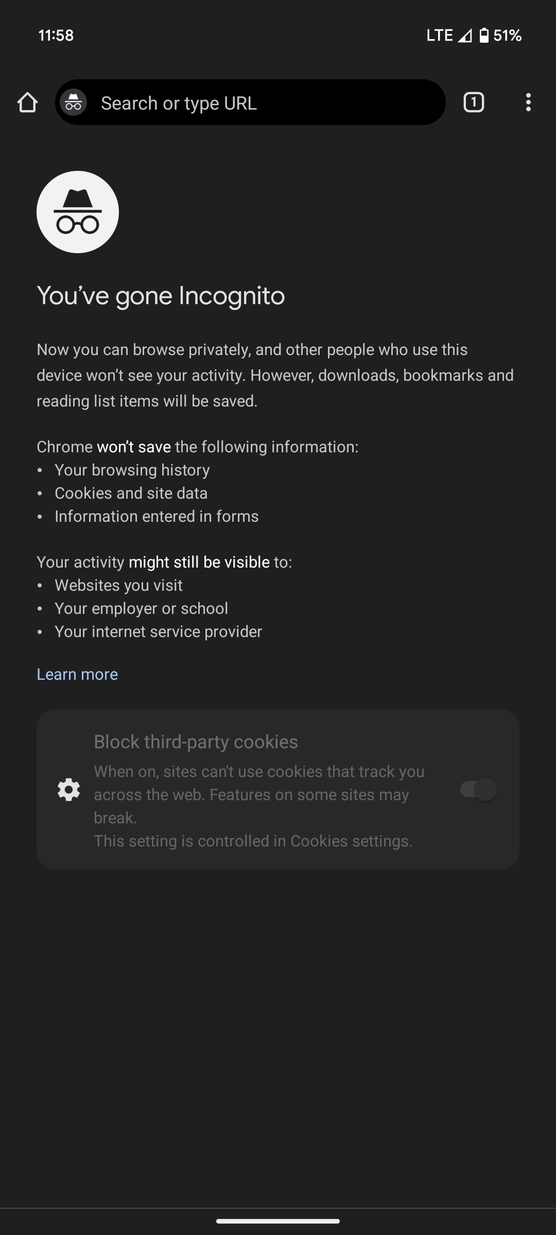 Uma captura de tela do Chrome 120 apresentando o aviso de isenção de responsabilidade na página da guia anônima