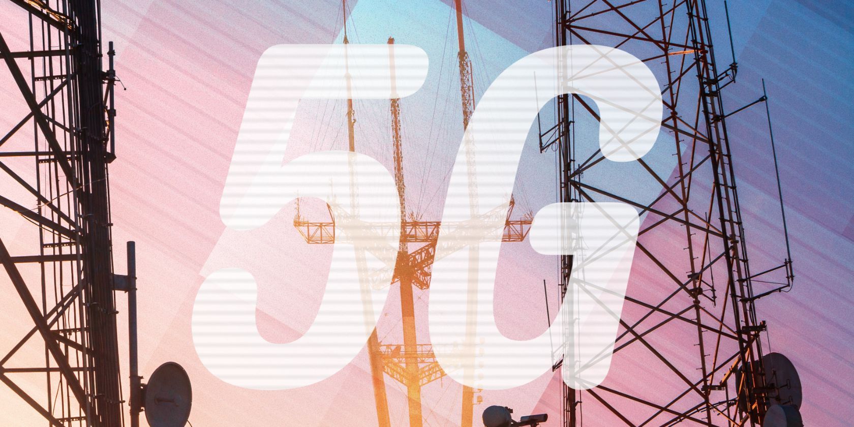 O texto ‘5G’ sobre uma imagem de torres de celular