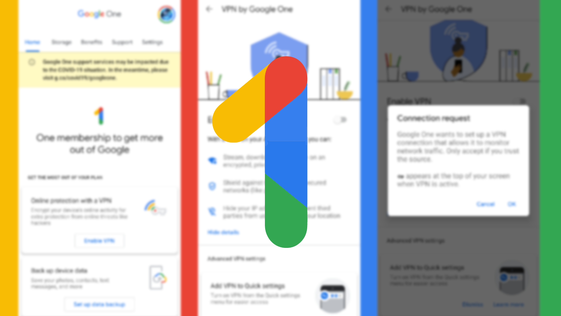 O logotipo do Google One com três capturas de tela do aplicativo ao fundo