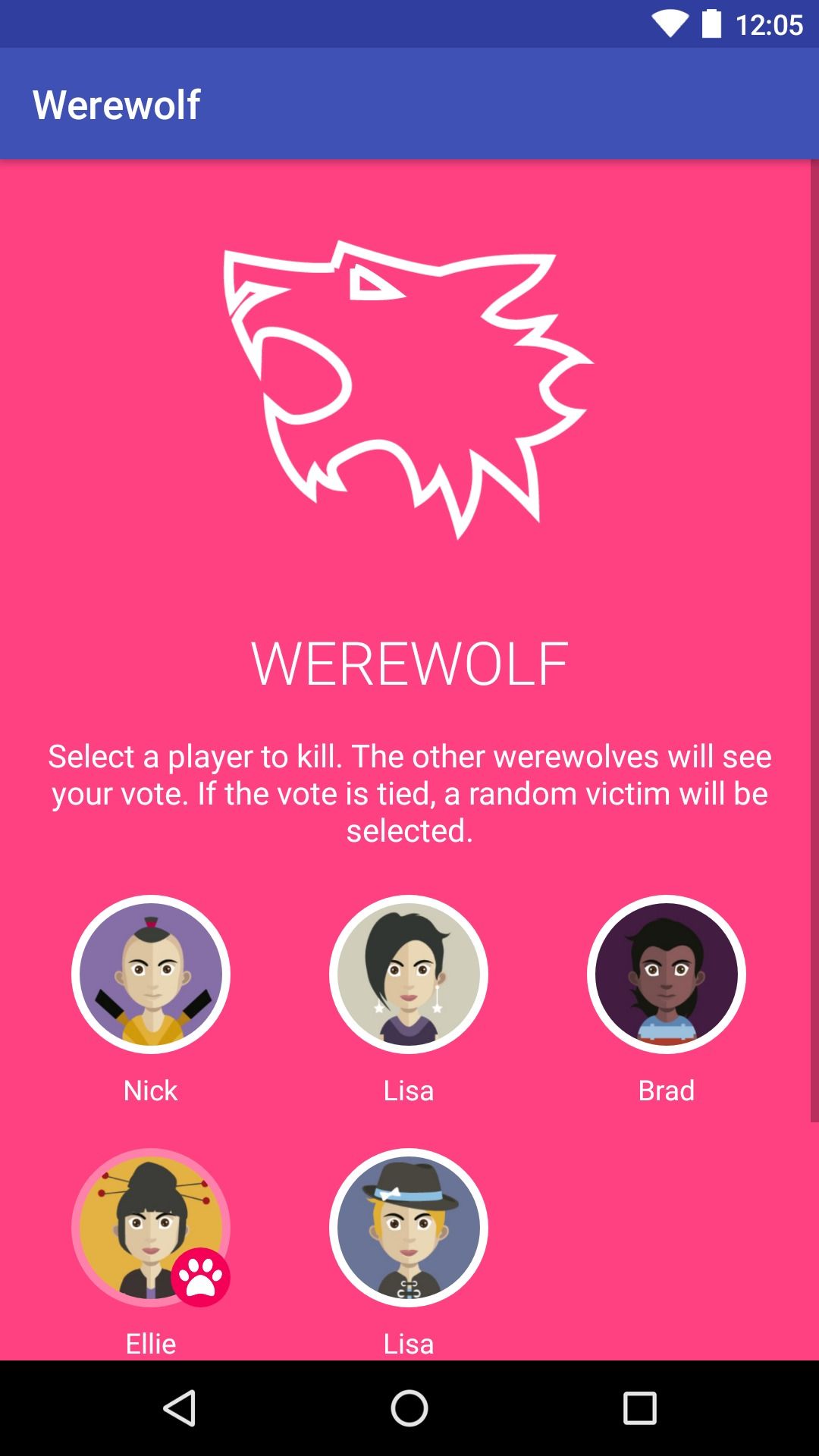 aplicativo mostrando tela rosa com ícone de lobo