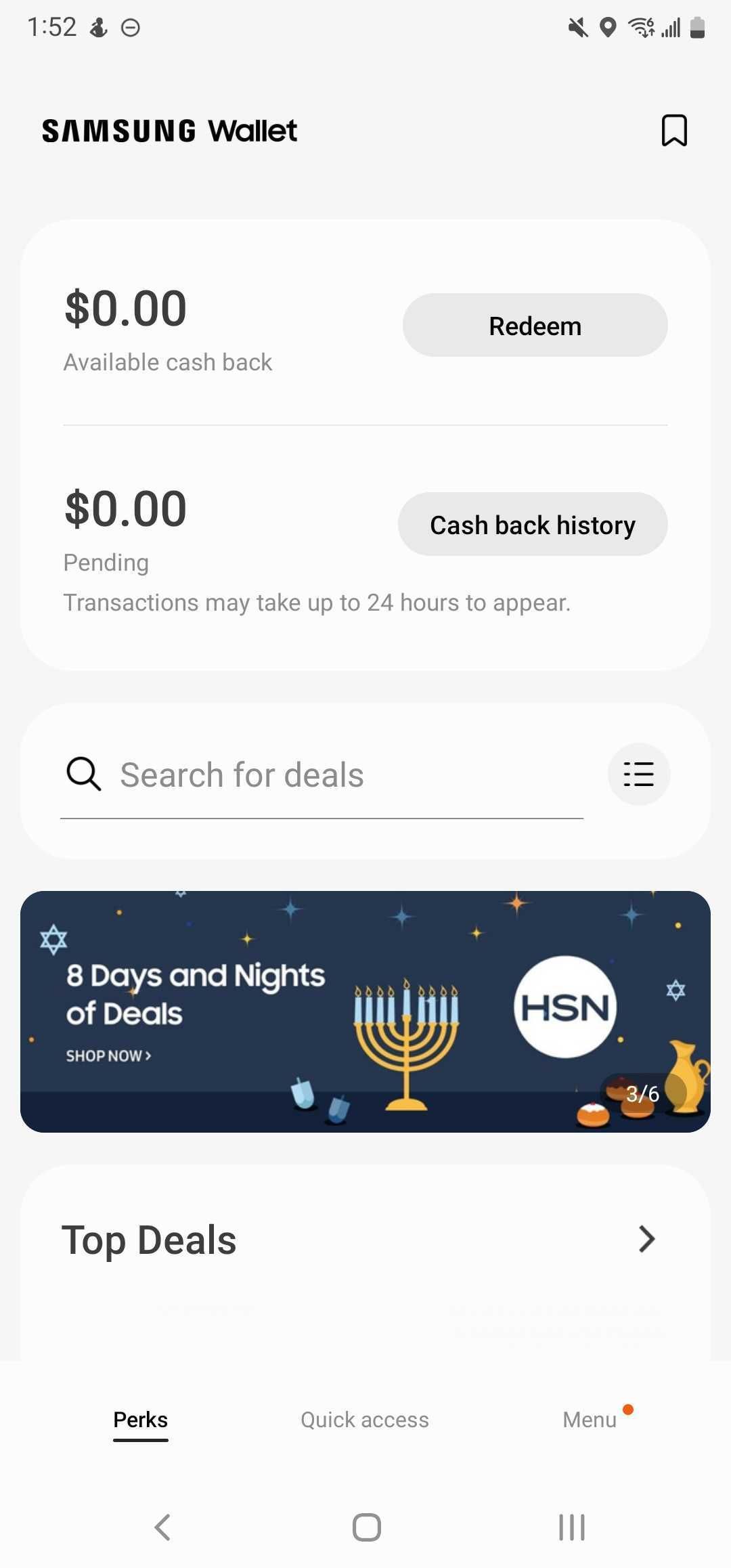 Captura de tela da página inicial do aplicativo Samsung Wallet.