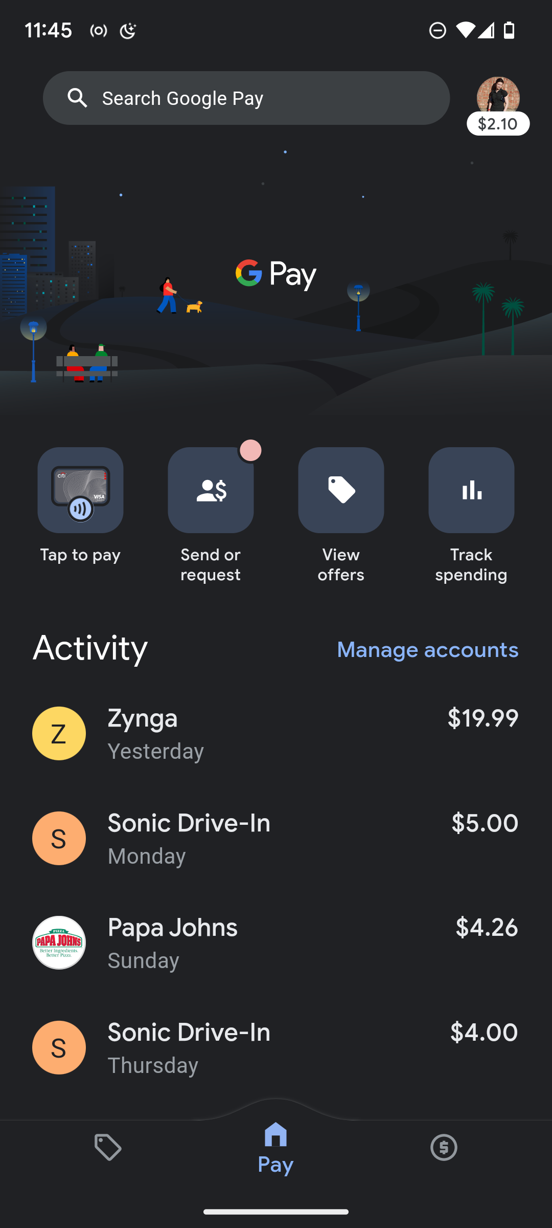 Captura de tela da página inicial do aplicativo Google Pay.