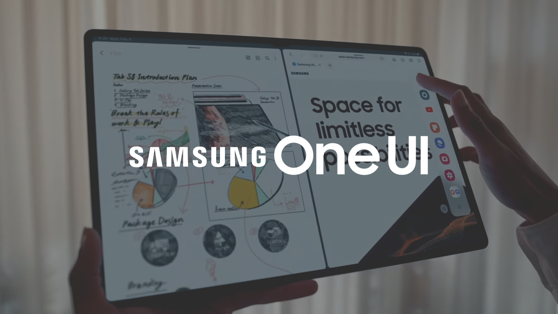 Texto Samsung One UI sobreposto em um tablet Galaxy