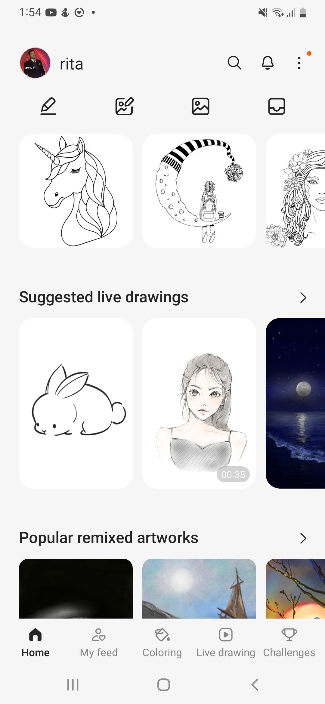 Página inicial do PENUP mostrando desenhos ao vivo