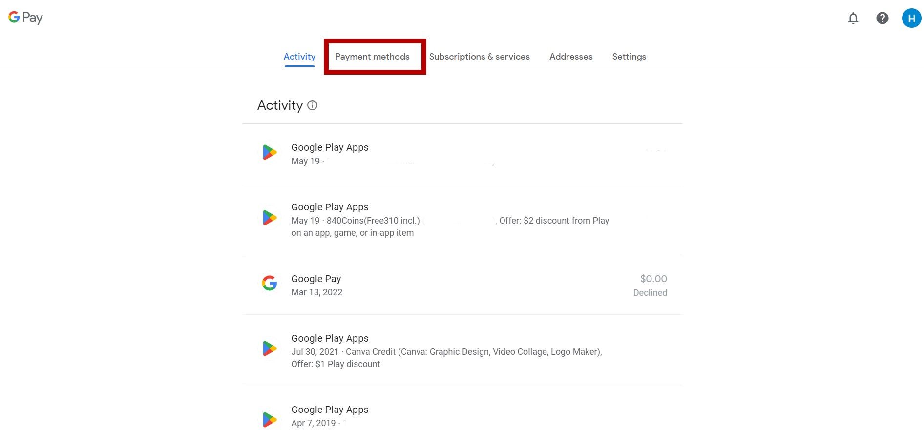Página inicial do Google Pay