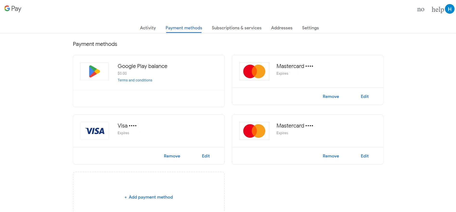 Formas de pagamento do Google Pay e opção Adicionar forma de pagamento