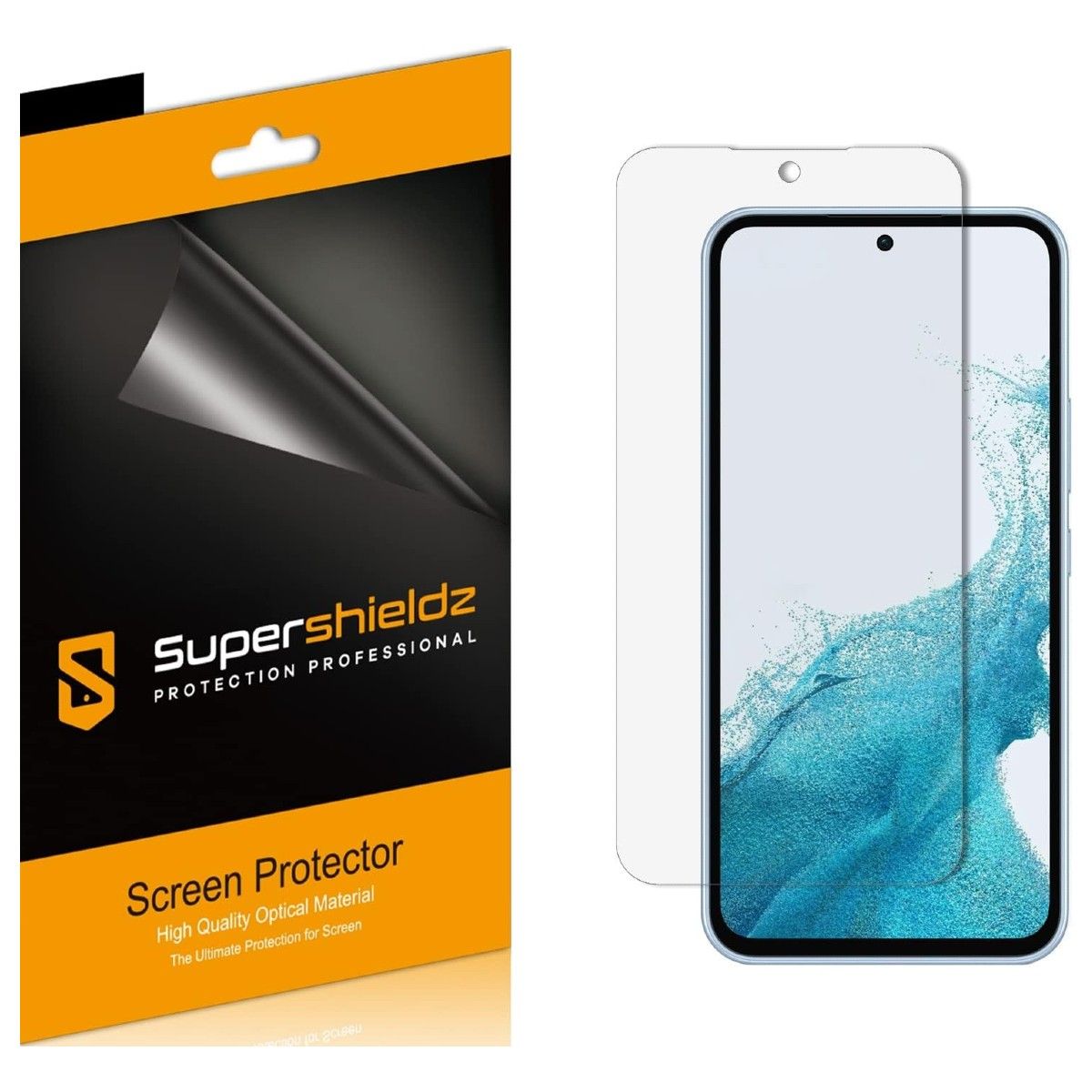 Um pacote de protetor de tela Supershieldz PET e um protetor de tela flutuando acima da tela do telefone