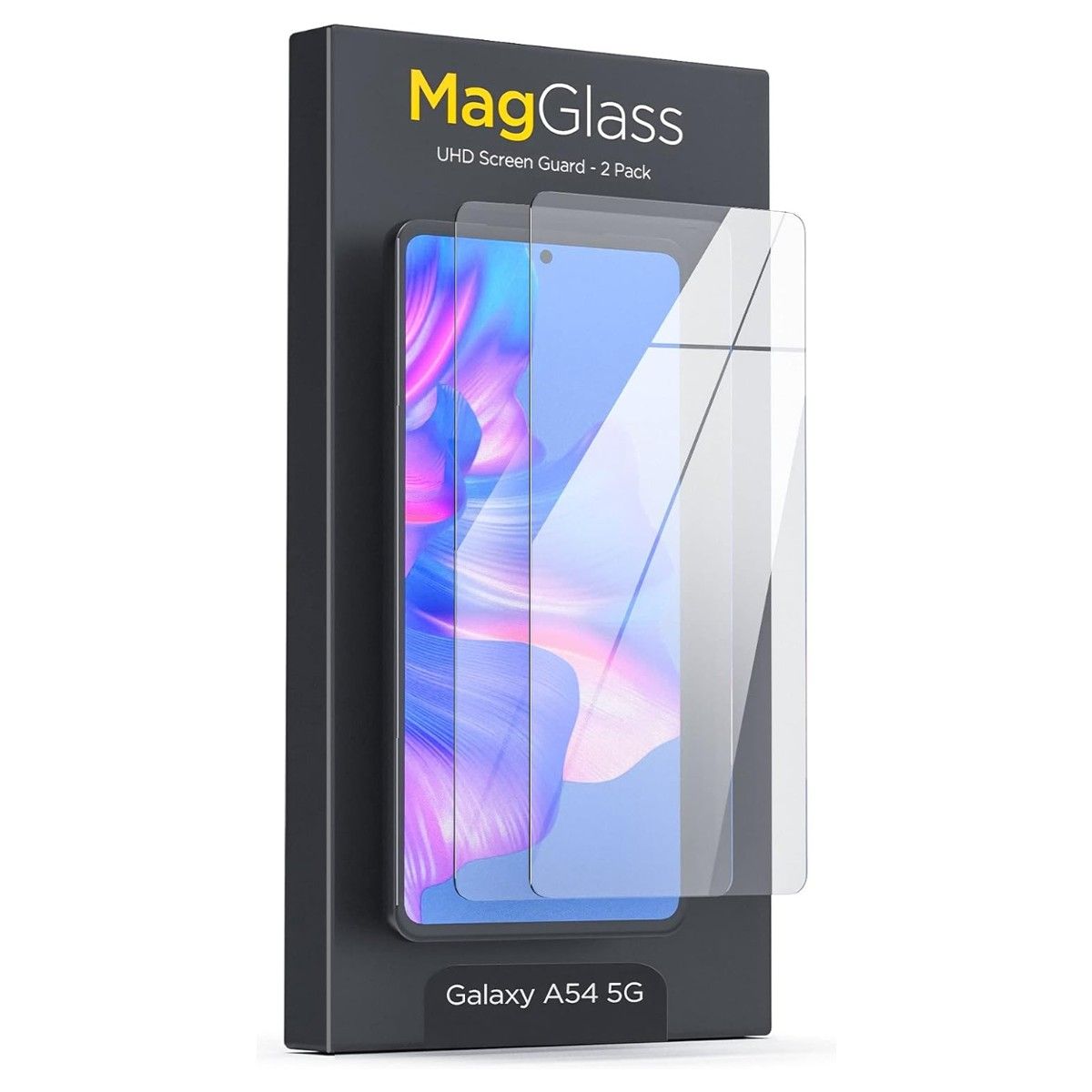 Uma caixa de varejo de um protetor de tela MagGlass para o Galaxy A54 em um fundo branco