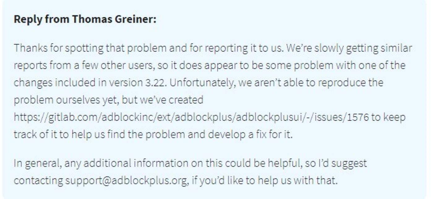 O comentário do Adblock Plus no Github indicando que o problema estava acabando.