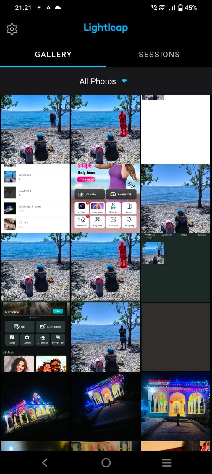 Captura de tela da galeria de imagens no aplicativo Lightleap
