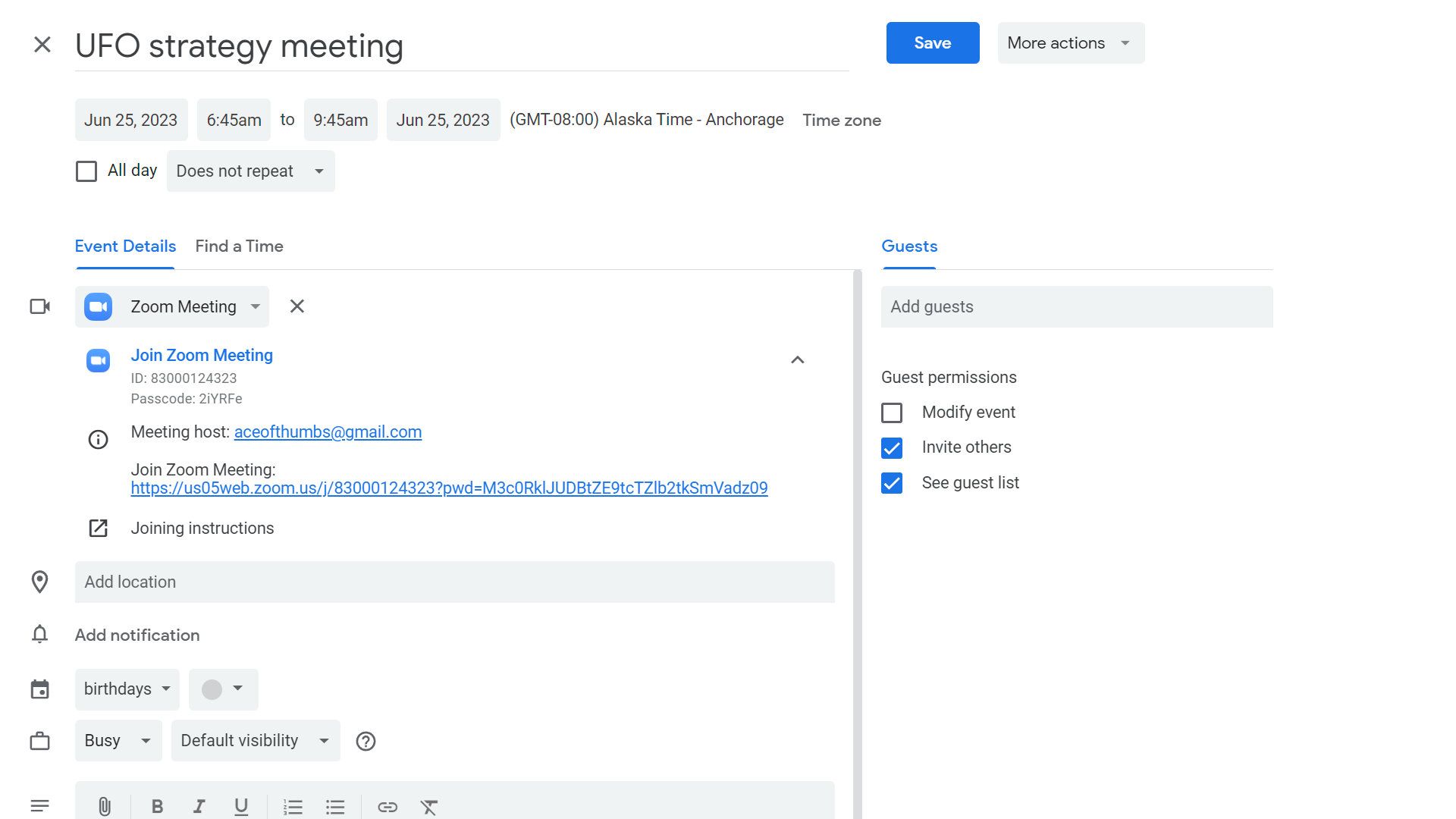 Uma captura de tela de um evento do Google Agenda mostrando detalhes da reunião do Zoom.